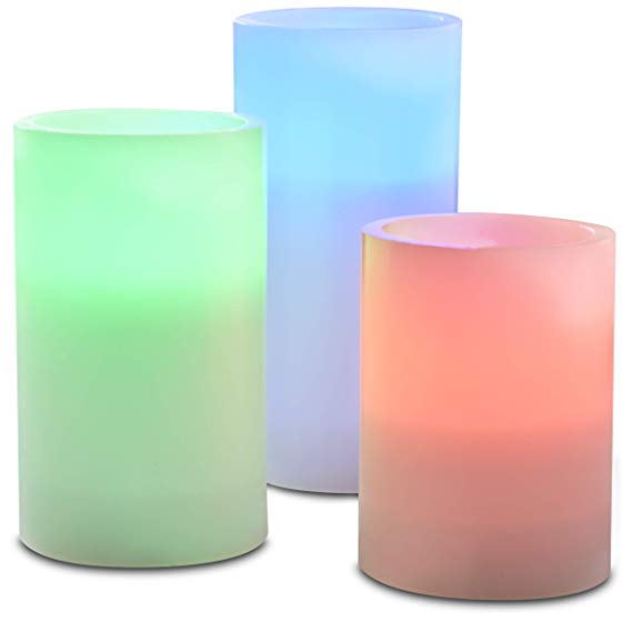 Apothecary 3-Piece Color-Changing LED Candle Set with Wireless Remote, Flameless Candles, Real Wax, Battery Operated, Automatic Timer for 4 or 8 Hours, 12 Colors of Ambient Light and Multi-Color Mode