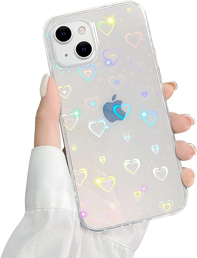 Ownest Compatible with iPhone 13 Mini Case,Holographic Clear Glitter Heart Pattern for Women Girls Fashion Soft Flexible Durable Slim TPU Cases for iPhone 13 Mini-Clear 13 Mini