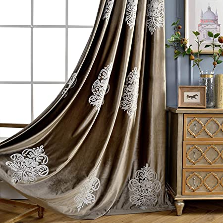 VOGOL Super Soft Luxury Velvet Blackout Curtains, Energy Efficient Grommet Curtain Drapes for Theater/Bedroom/Living Room/Hotel, 2 Panels, 52x84, White Floral in Chocolate Brown