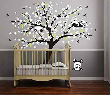 LUCKKYY Three Playful Pandas Bear on Cherry Blossom Tree Wall Decal Tree Wall Sticker Nursery and Children's Room (White)