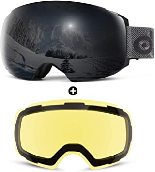 Odoland Magnetic Interchangeable Ski Goggles with 2 Lens, Large Spherical Frameless Snow Goggles for Men & Women, OTG and UV400 Protection