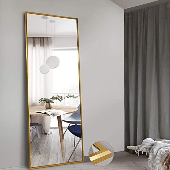 NeuType Full Length Mirror Standing Hanging or Leaning Against Wall, Large Rectangle Bedroom Mirror Floor Mirror Dressing Mirror Wall-Mounted Mirror, Aluminum Alloy Wide Frame, Titanium Gold, 65"x22"