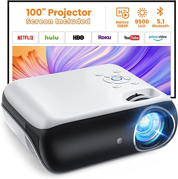 Projector, Native 1080P Bluetooth Projector with 100''Screen, 9500L Portable Outdoor Movie Projector Compatible with Smartphone, HDMI,USB,AV,Fire Stick, PS5