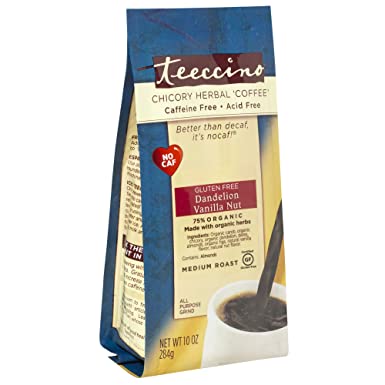 Teeccino Dandelion Herbal Coffee Alternative - Vanilla Nut – Ground Coffee Substitute, Organic Roasted Dandelion Root, Prebiotic, Caffeine Free, Gluten Free, Acid Free, Medium Roast, 10 ounce