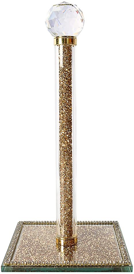 Gold Paper Towel Holder Stand, Countertop Paper Towel Roll Dispenser Holders with Square Base, Towel Tissue Countertop Filled with Crystal Sparkly Crushed Diamonds House Decor for Kitchen Bathroom