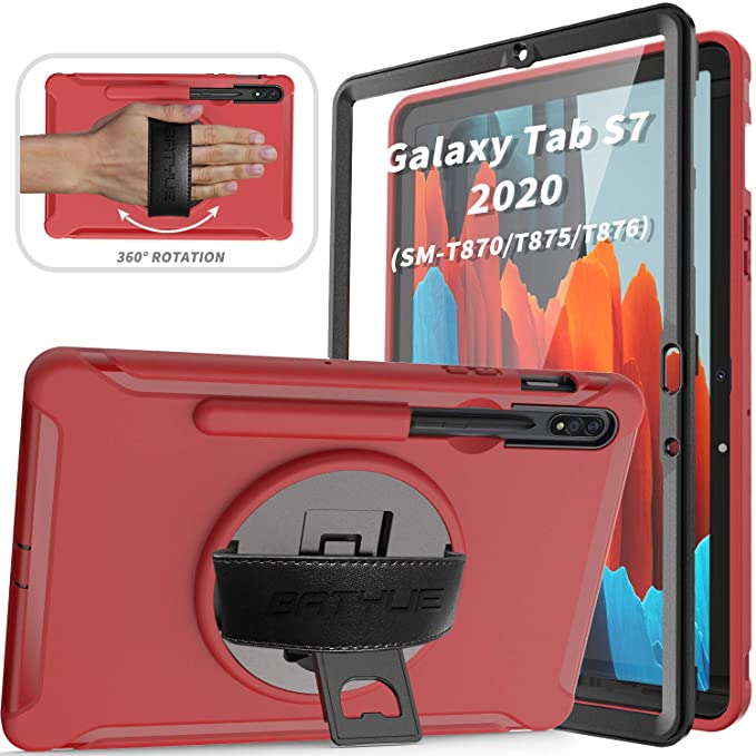 BATYUE Galaxy Tab S7 Case with Screen Protector S Pen Holder Hand Strap Rotating Kickstand, Rugged Heavy Duty Shockproof Protective Cover Case for Samsung 11 inch Tab S7 (2020) SM-T870/T875/T876 (Red)