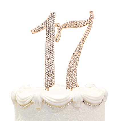 Hatcher lee Bling Crystal Rhinestone 17 Birthday Cake Topper - Best Keepsake | 17th Party Decorations Gold