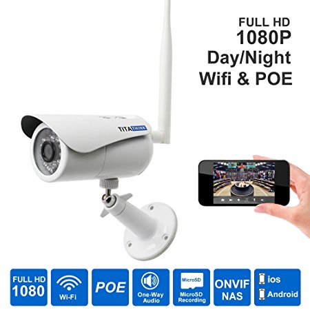 Titathink TT730PW-PRO High Definition 1080p Wifi Wireless & Wire Poe Combo Outdoor Day/night Weatherproof Security Network Ip Camera with Ir Night Vision, Audio, Micro Sd Card Recording.