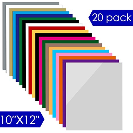Heat Transfer Vinyl 12" x 10" - 20 Sheets Assorted Colors DIY T-Shirt Heat Transfer Bundle Iron On HTV for Cricut and and Other Cutters (20PCS)