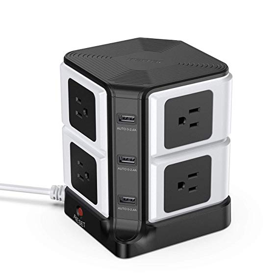 BESTEK Power Strip Surge Protector 8 Outlets and 3 Smart USB Ports Tower Charging Station,300 Joule