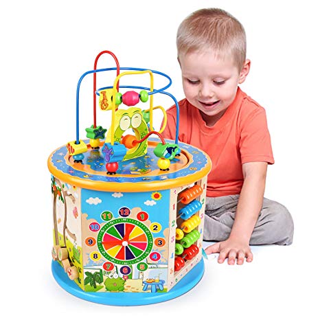 Elover Activity Cube, 8 in 1 Multipurpose Baby Educational Toys for 1 Year Old Boys Girls Wooden Activity Center Bead Maze Early Learning Toy for Kids Toddlers