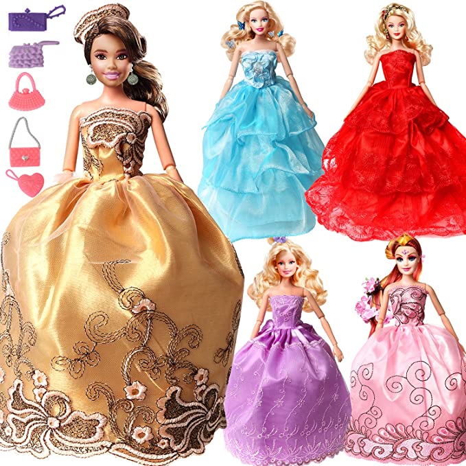 Barbie Clothes Pack of 5 Colorful Clothes 360°Sewing Party Wedding Dress Gown Mini Skirts for 11.5 Inches Girl Doll (Random Styles)