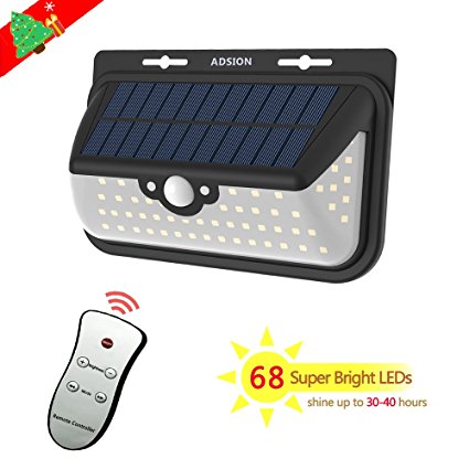 Solar Lights Outdoor, ADSION Motion Sensor Light 68 Super Bright LED Wall Lights with Remote Control, Waterproof Solar Lights with 3 Lighting Modes for Overnight Use