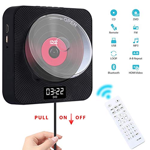 Portable Bluetooth DVD/CD Player, Wall-Mounted HDTV Speaker 1080p Dual Pull Switch, Home with Remote Control and FM Radio and Timer USB and AV Output and LCD Display Black