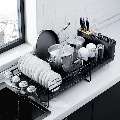 Kitsure Large Dish Drainer - Extendable Dish Drying Rack, Multifunctional Dish Rack for Kitchen Counter, Anti-Rust Drying Dish Rack with Cutlery & Cup Holders for Various Kitchenware