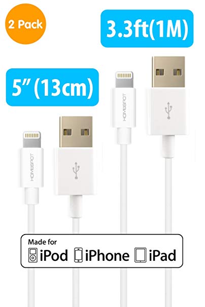 [Apple MFi Certified] HomeSpot Sync & Charge, 5" & 3.3ft Value Pack Lightning Cable 8 pin Lightning to USB Standard Short Charging Cord (2 Pack - White)