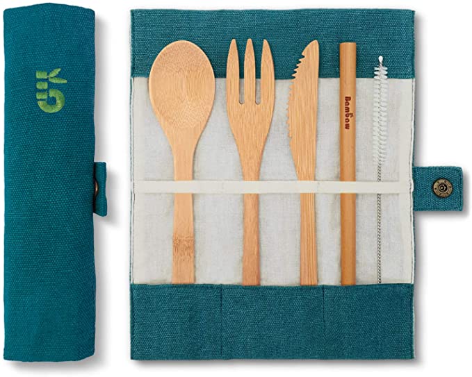 Bamboo Cutlery Set | Eco Cutlery Set | Reusable Cutlery Set | Knife, Fork, Spoon and Straw| Plastic Free | Eco Travel Cutlery Set with Carrying Pouch | Zero Waste Cutlery | 20 cm | Lagoon | Bambaw