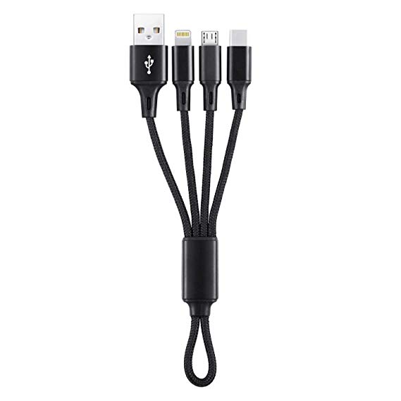 Lightning/MicroUSB/Type C Cable (3in1), iFlash 3 in 1 Multi USB Charging Short Travel Size 8” Keychain Cord for Samsung Galaxy S10 S9 S8, Android Smartphones, iPhone Xs MAX XR X 8 Plus 7 6 (Black)