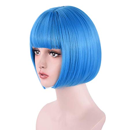 REECHO 11" Short Bob Wig with bangs Cosplay Synthetic Hair for White Black Women Color: Sky Blue