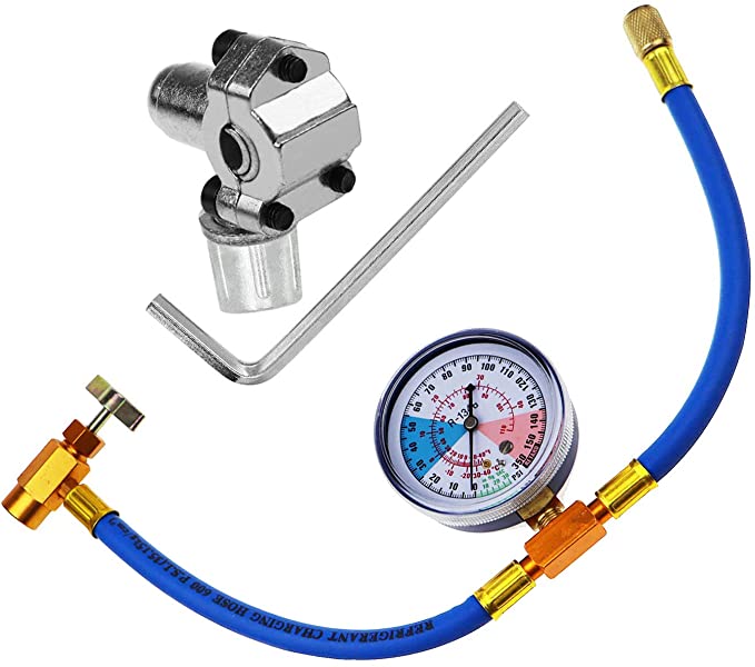 BPV31 Piercing Valve for Bullet with R134a Refrigerant Charging Hose,Refrigerant Can Tap with Gauge, R134a can to R-12/R-22 port