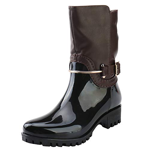 Alexis Leroy Women Checkered Diamond Pattern Studded Adjustable-Strap Warm-Keeping Rain Boots