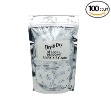 3gm Pack of 50 "Dry&dry" Silica Gel Packets Desiccant Dehumidifier
