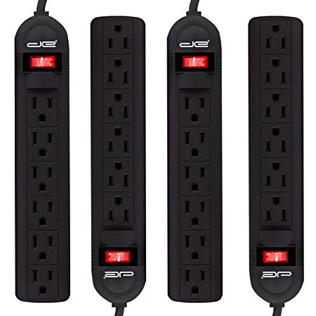 4-Pack 6 Outlet Power Strip with 3 Foot Extension Cord, Black