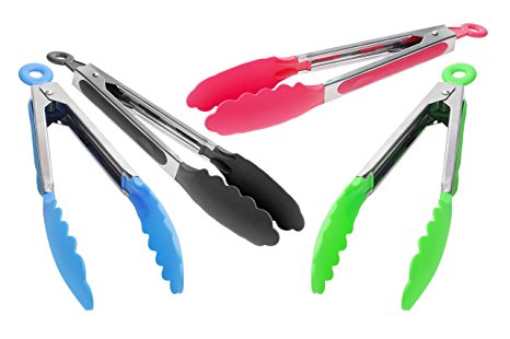Kitchen Tongs By Cookhouse: A Set Of 4 Kitchen Tongs Made Of Stainless Steel And Silicone. Durable Utensil With Non Slip Handles And Heads In 4 Colours. Professional Heat Resistant Kitchenware