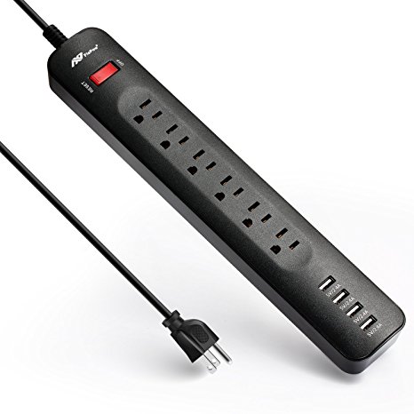 FlePow 10-port Power Strip 6 AC Outlets and 4 Smart 5V/2.4A USB Charging Ports with Built-in 1250W/10A Surge Protector and 6ft Cord, Black