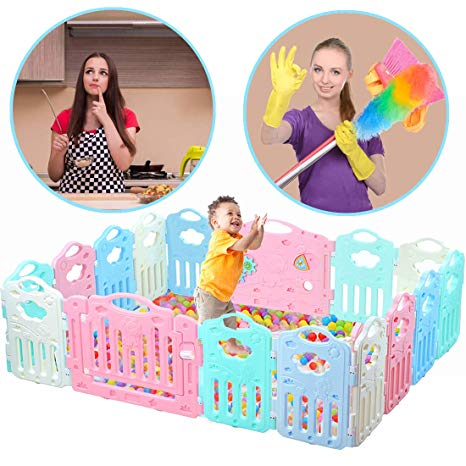 Baby Playpen Kids Activity Centre Safety Play Yard (Safe Set 16 Panel) Home Footloose Indoor Outdoor Multicolor Rubber Anti-Skid Fence Healthful Safety Design Learn Walk with Locked Door for 6  Months