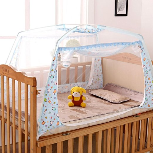 LOHOME® Zippered Baby Kid Children Nursery Bed Crib Mongolia Pack Folding Cot Mosquito Net Yurt Folding Mosquito Net Tent House Nets Crib with Stand Child Mosquito Bar Crib (L*W*H: 80*130*80cm) (Blue)