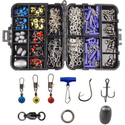 Shaddock Fishing 172pcs/box Fishing Accessories Tackle Box Set, Including Circle Hooks, Treble Hooks, Egg Sinker Weights, Ball Bearing Swivels, Sinker Slides, Stainless Steel Split Rings