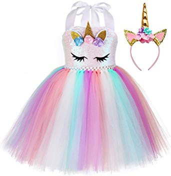 Birthday Party Unicorn Sequins Costume for Girls Halloween Rainbow Tutu Dress Outfits