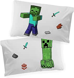 Jay Franco Minecraft Nighttime Glow in The Dark 2 Pack Reversible Pillowcases Features Creeper & Zombie - Double-Sided Kids Super Soft Bedding (Official Minecraft Product)