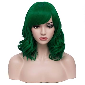 BERON Green Wig Women's Short Wavy Green Wig Curly Dark Green Wig with Bangs Halloween Cosplay Synthetic Wigs (Dark Green)