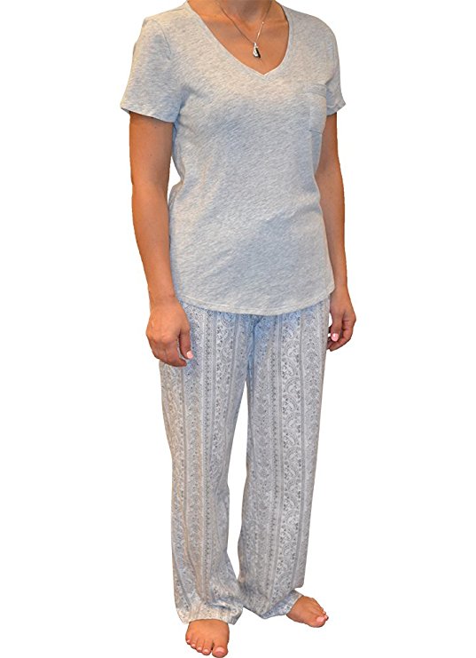 Alfa Global Women's Cotton Short Sleeve Pajama Set with Pj Pants