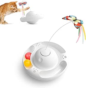 Potaroma Cat Toys Tumbler Interactive Kitten Toy, 2023 Upgraded 3 Speed Settings, Butterfly, Balls, Indoor Exercise Cat Kicker, Milk White Toy with Yellow White Balls