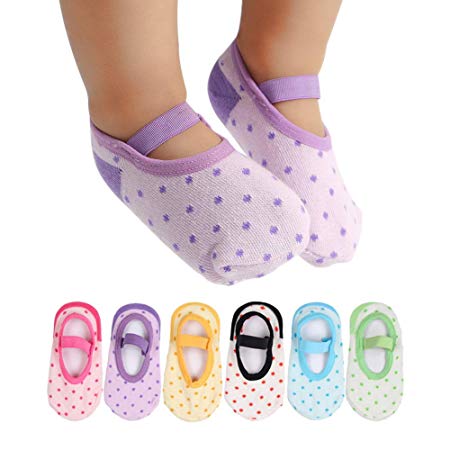 Dicry 6 Pairs Baby Girls Anti Slip Walking Socks with Grip, Non Skid Infant Toddler Mary Jane Socks with Strap, 12-36 Months