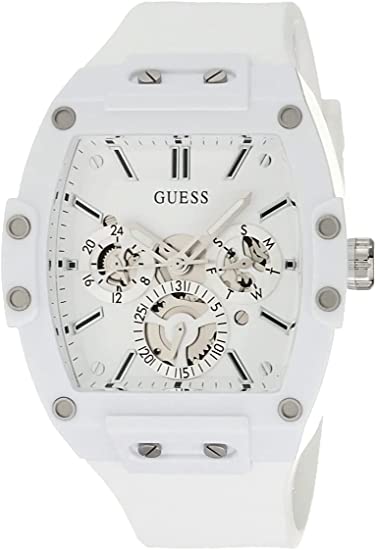 GUESS Mens Casual Multifunction 43mm Watch – White Polycarbonate Case with White Skeleton Dial & White Silicone Strap, White, Quartz Watch