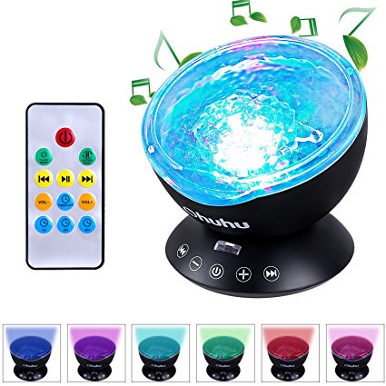 Ohuhu Remote Control Night Light Ocean Wave Light Projector 7 Colors with Bulit-in Speaker, Black