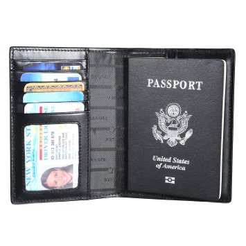 Banuce Cowhide Leather Passport Holder Cover Travel WalletBlack