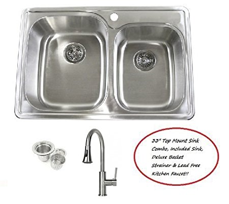 33 Inch Stainless Steel Top Mount Drop In 60/40 Double Bowl Kitchen Sink and Lead Free Faucet Combo - 18 Gauge
