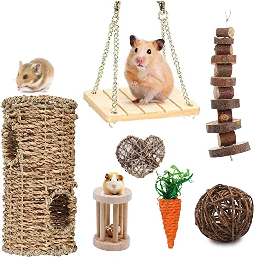 Supmaker Hamster Chew Toys, Guinea Pig Rat Gerbil Chew Toys Accessories, Natural Wooden Bell Roller Teeth Care Molar Toy for Chinchilla Bird Bunny Rabbits