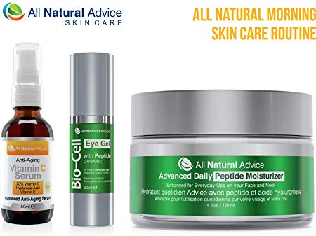 All Natural Advice Anti Aging Morning Skin Care Routine Bundle with our Three Best Skin Care Products to enhance your face, (Pack of 3) including 20% Vitamin C Serum, Bio Eye Gel and Daily Face Moisturizer with Peptide. Proud to be Made in Canada