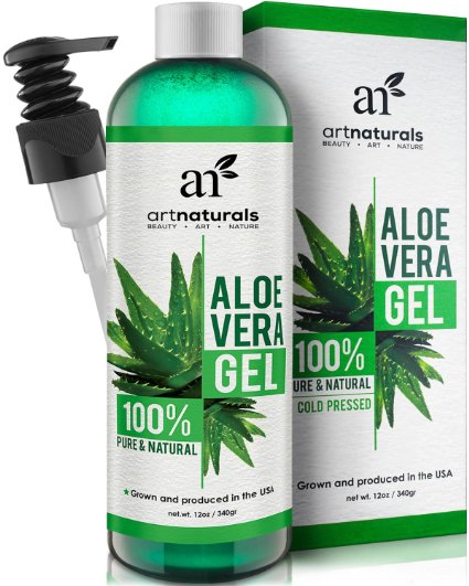 ArtNaturals Aloe Vera Gel for Face, Hair & Body - Certified Organic, 100% Pure Natural & Cold Pressed 12 Oz - For Sun Burn, Eczema, Bug or Insect Bites, Dry Damaged Aging skin, Razor Bumps and Acne