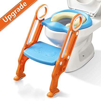 Potty Training Toilet Seat with Step Stool Ladder for Boys and Girls Baby Toddler Kid Children Toilet Training Seat Chair with Handles Sturdy Wide Step (Blue Orange Upgrade Pu Cushion)