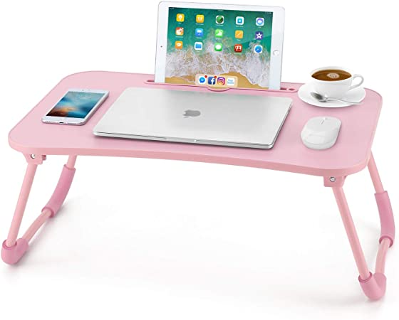 Nnewvante Lap Desk Bed Table Tray for Eating Writing Foldable Desk with iPad Slots for Adults/Students/Kids, Pink