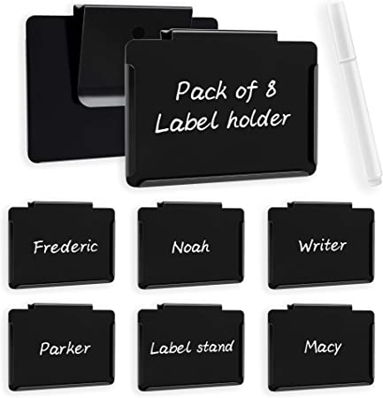 8 Basket Labels Clip On Hanging Bin Clip Label Holders Removable Metal Bin Clip Labels with 1 White Chalk Marker for Organization and Storage Baskets Labels