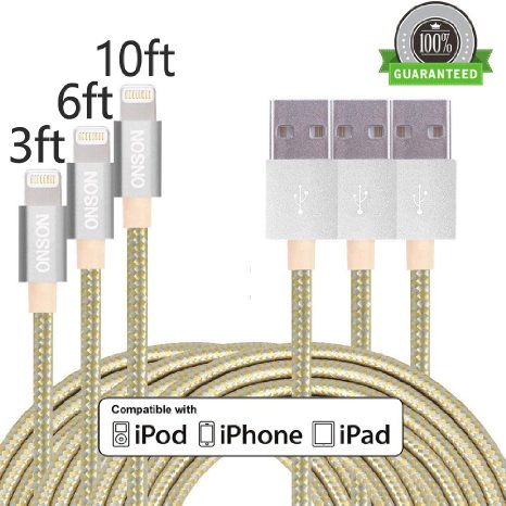 ONSON Lightning Cable,3Pack 3FT 6FT 10FT Nylon Braided Charging Cable iPhone Cord,Charge and Sync for iPhone 6/6 Plus/6s/6s Plus/5/5c/5s,iPad 4 Mini Air(Gold Silver)