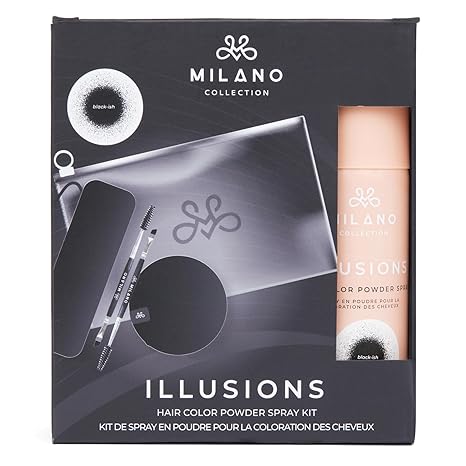 Milano Illusions Kit, Includes Black-ish Hair Color Powder Spray, Protector Band, Spray Removal Band, Two Spoolie Hairline Brushes, Storage Bag